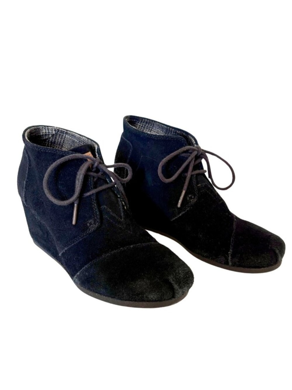 TOMS Black Suede Round-Toe LaceUp Wedge Ankle Booties 2.5" Heel Sz 8.5 Kala Boho
